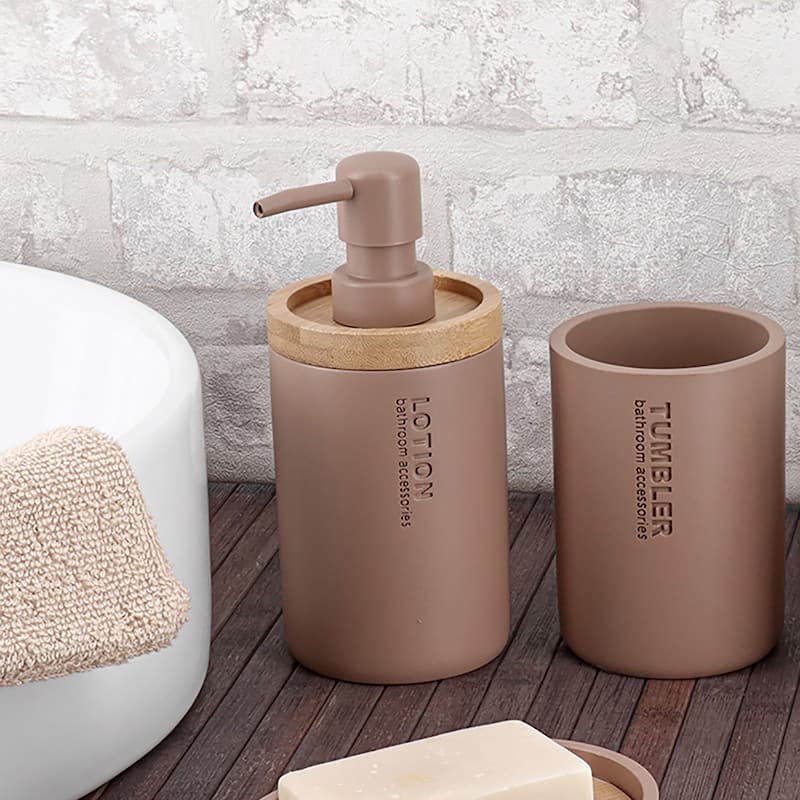 Elegant Soap Dispenser - Polyresin and Bamboo Design, Refillable Liquid Pump - 3 L x 3 W X 7 h