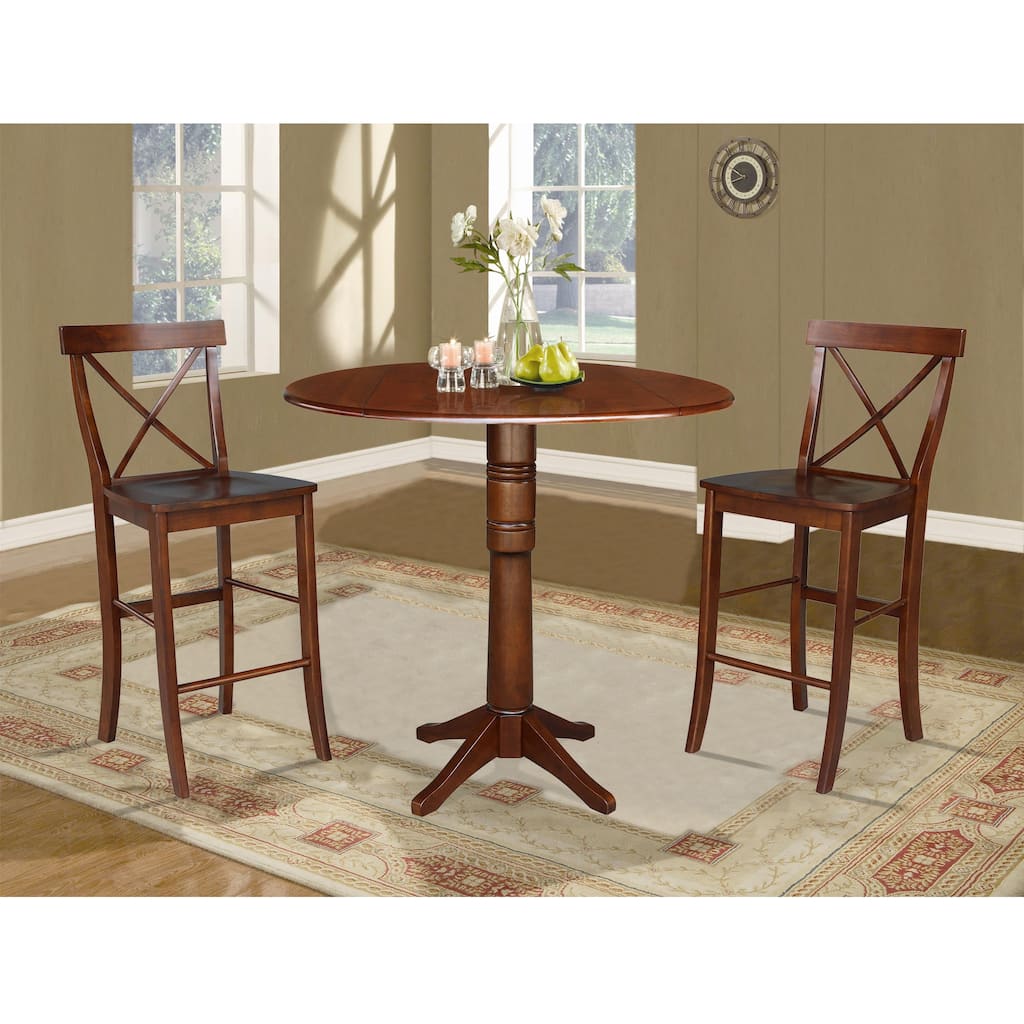 42" Round Pedestal Bar Height Table and Two Stools - Espresso