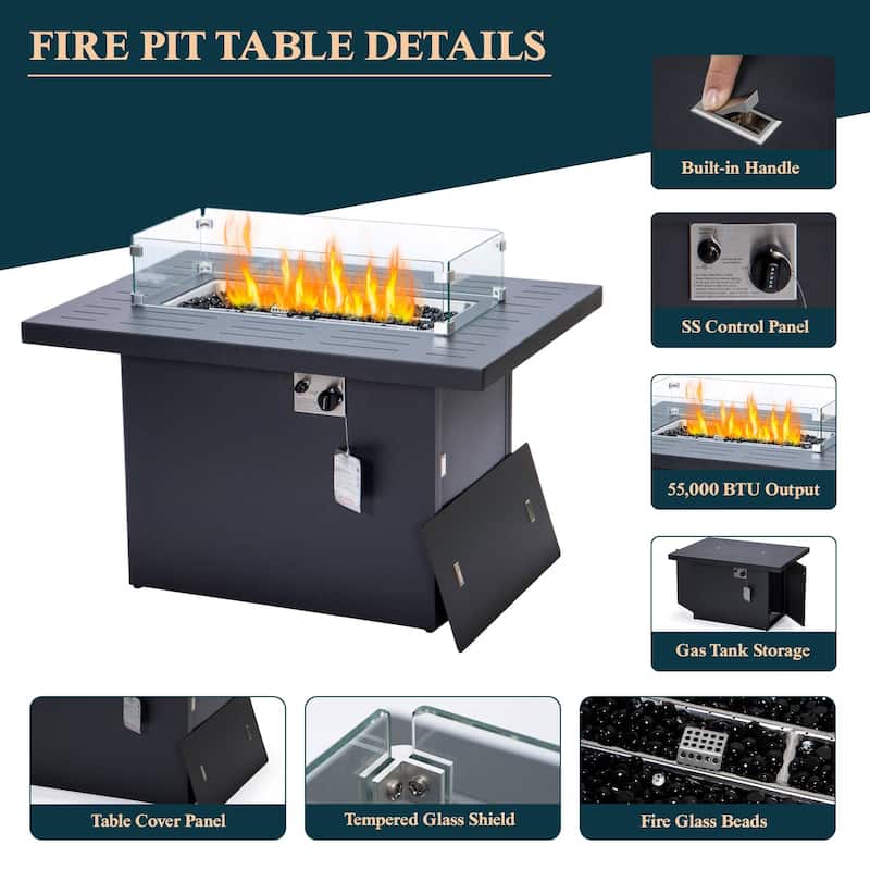 Outdoor 7-Piece Patio Sectional Set Aluminum Frame W/ Fire Pit Table