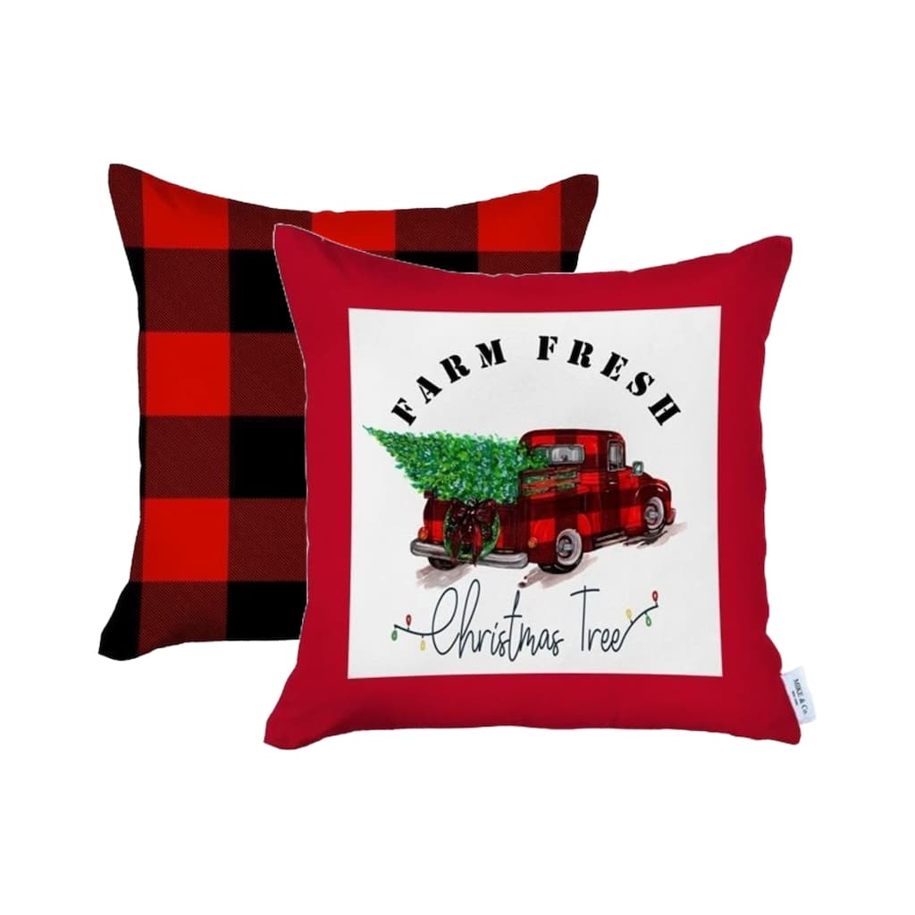 HomeRoots Set of 2 Red Plaid and Red Truck Throw Pillow Covers