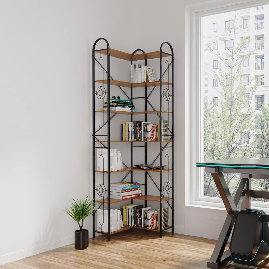 7 Shelf Bookcase, Modern High Bookcase, Thickened iron frame and thickened laminate composition - 25.04" W × 25.04" D × 86.02" H