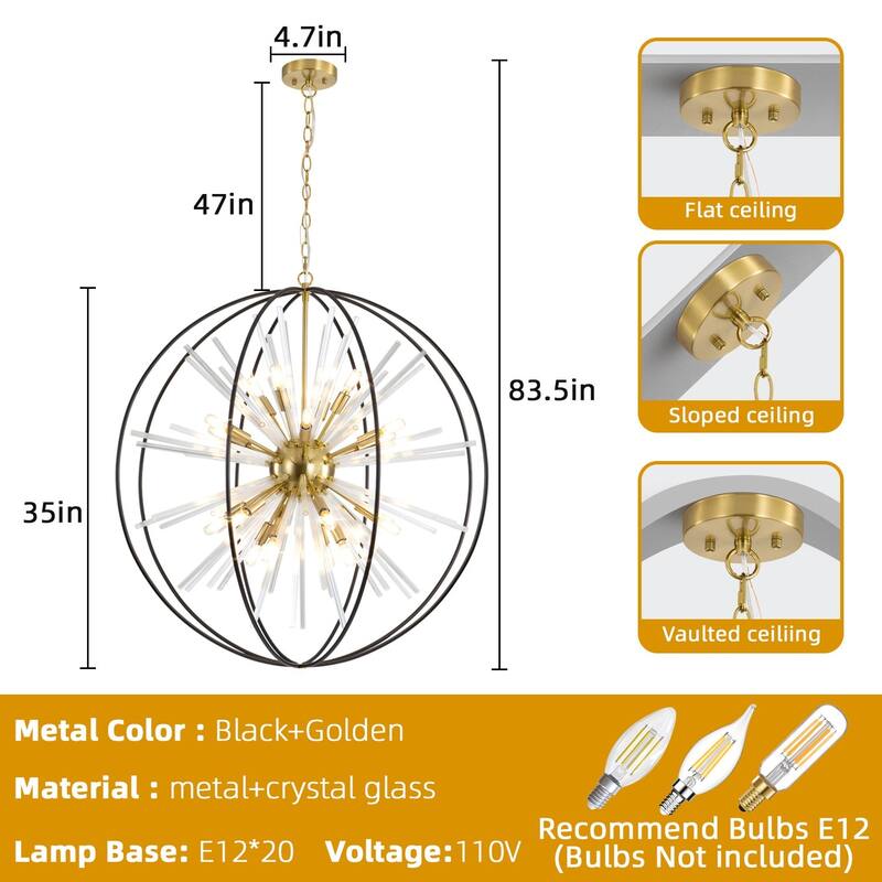 Modern Chandelier 35" 10-light Black and Gold Orb