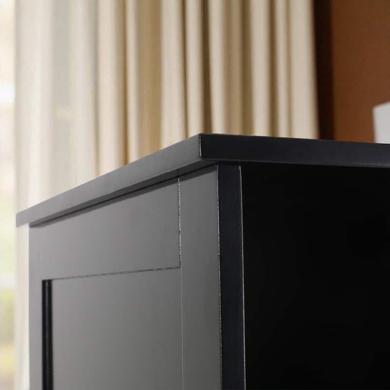 Modern Bathroom Linen Tower Cabinet with Open and Enclosed Shelves, Faux Wood, Compact Storage Organizer