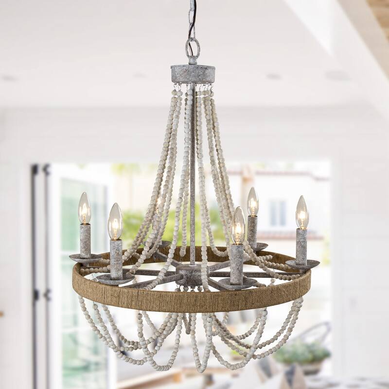 Bohemian 6-Light Wood Beaded Wheel Candle Chandelier - 21.7-in W x 22.7-in H