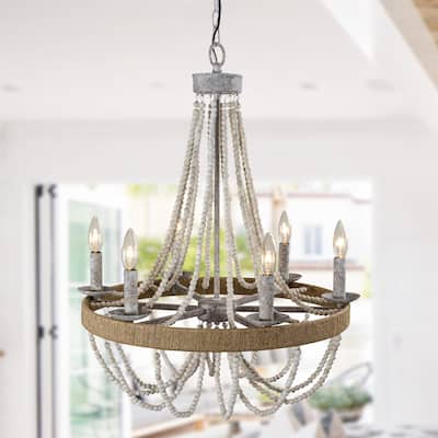 Bohemian 6-Light Wood Beaded Wheel Candle Chandelier - 21.7-in W x 22.7-in H