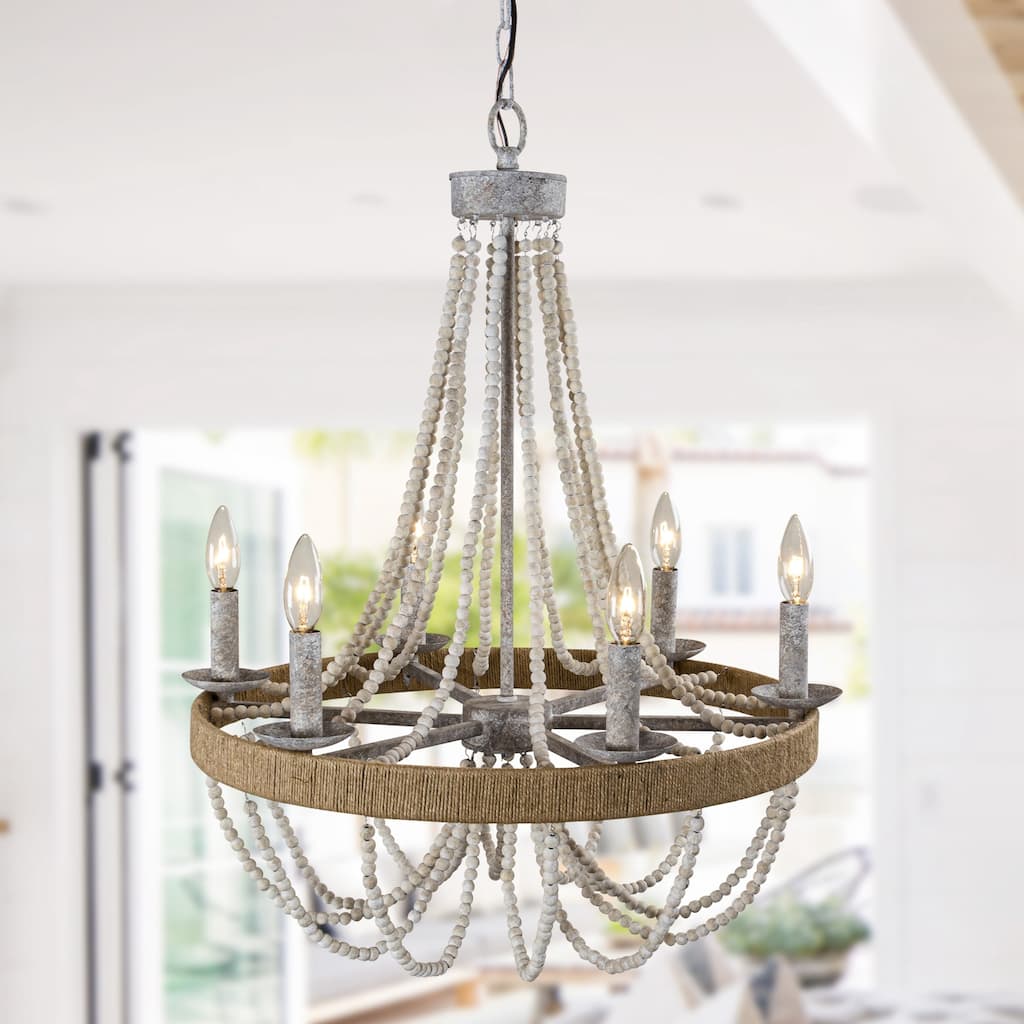 Bohemian 6-Light Wood Beaded Wheel Candle Chandelier - 21.7-in W x 22.7-in H