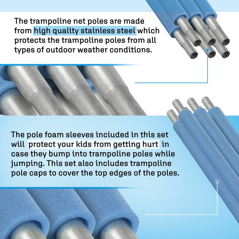 Machrus Upper Bounce Trampoline Top Ring Enclosure Set including Net, 4 Poles, Caps & Foam Sleeves - Fits 12ft Round Trampoline