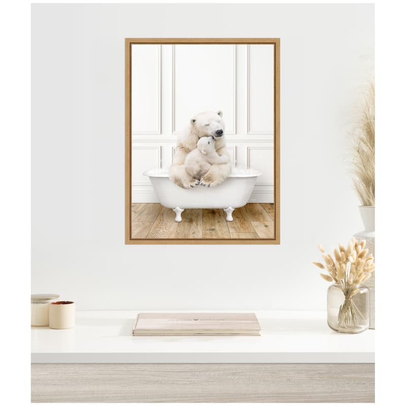 Kate and Laurel Sylvie Mother and Baby Polar Bear in Traditional Vintage Bathtub Framed Canvas by Amy Peterson