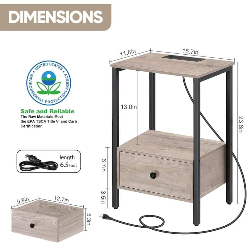 2 PCS Side Table with Charging Station with USB Ports & Power Outlets