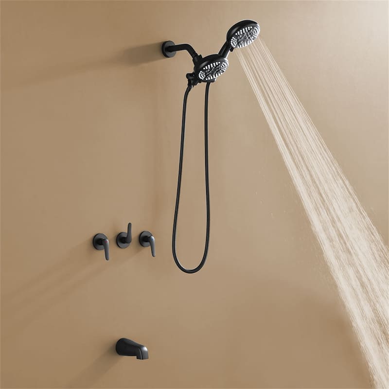 Wall Mounted Shower Faucet with Tub Spout Complete Matte Black Rain Dual Shower Head Shower System Wth Rough-in Valve