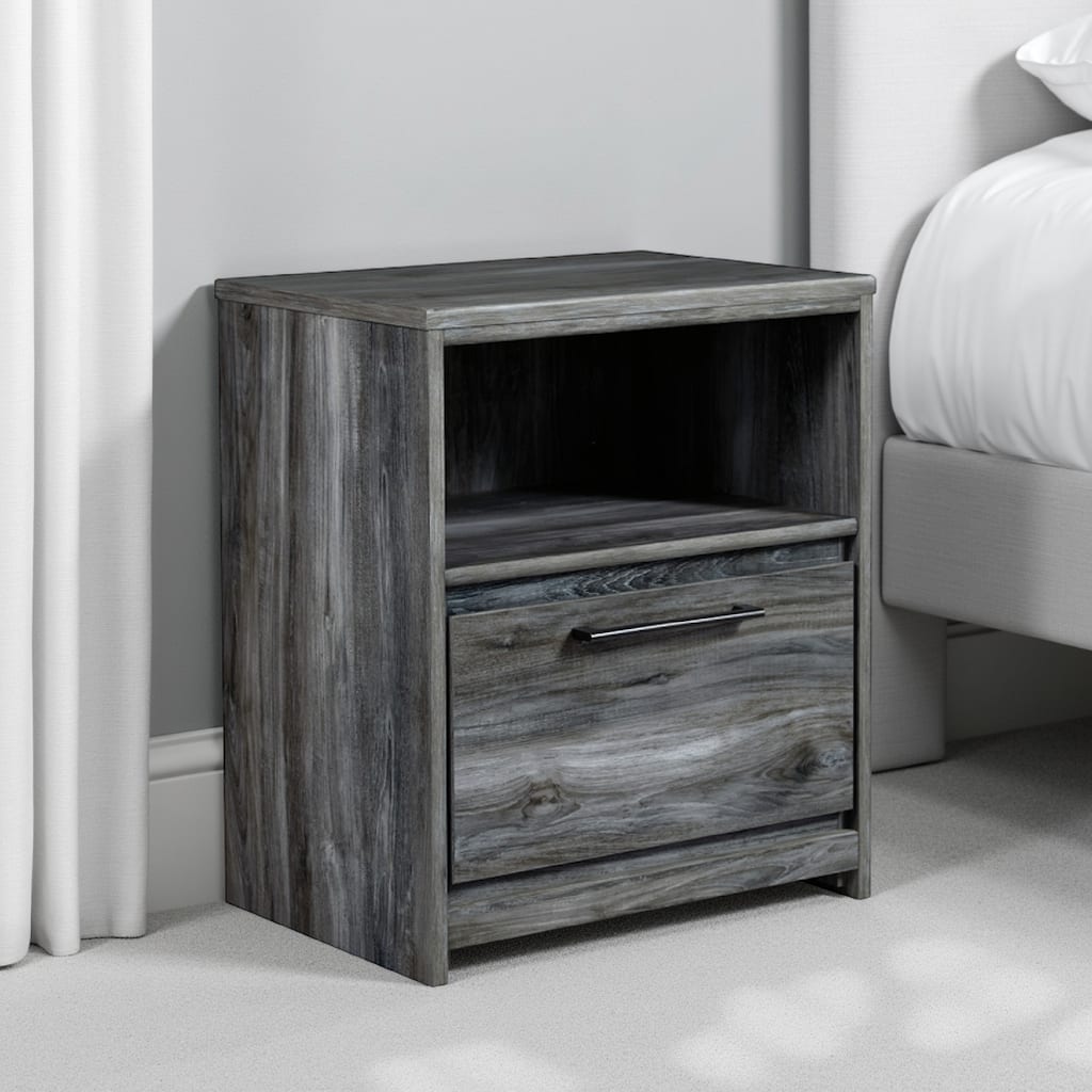 Bays Nightstand, 1 Drawer USB Port, Modern Rustic Laminate Smoky Gray