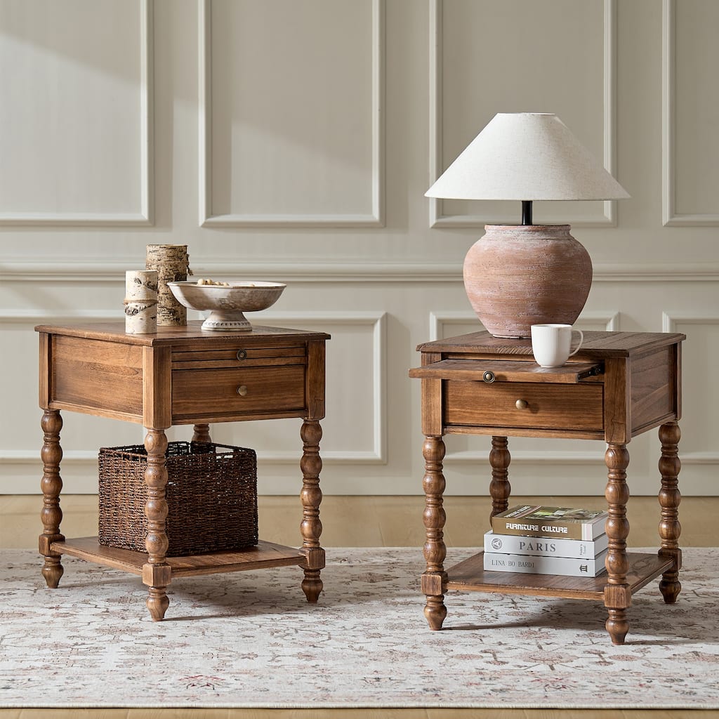 HULALA HOME Eric Traditional 26" Tall Solid Wood End Table with Built-in Charging Station and Extendable Tray Set of 2