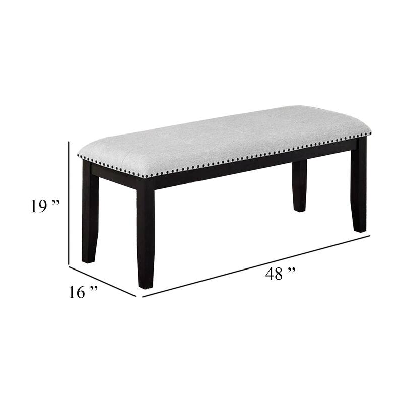 Amber Dining Bench, Gray Fabric Seat w Nailheads, Black Wood, 48 Inch