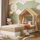 preview thumbnail 1 of 12, Brown+White Twin Size Upholstered house Bed with Curtains for Kids, Boys and Girls Brown+White