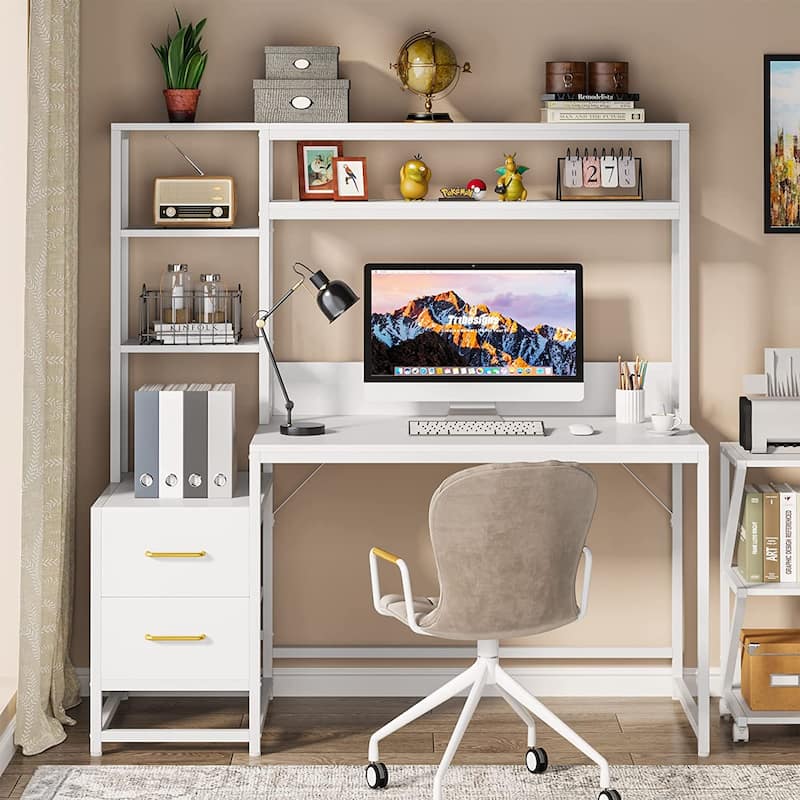 Rustic Computer Office Desk with Drawers and Hutch