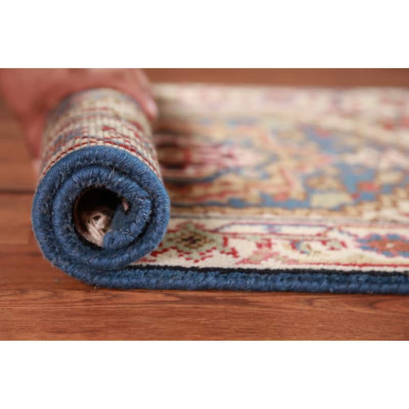 Hand Knotted Oriental 100% Wool Carpet Traditional Medallion Navy Blue & Blues Heriz (serapi) Area Rug - 3' 0'' X 2' 0''