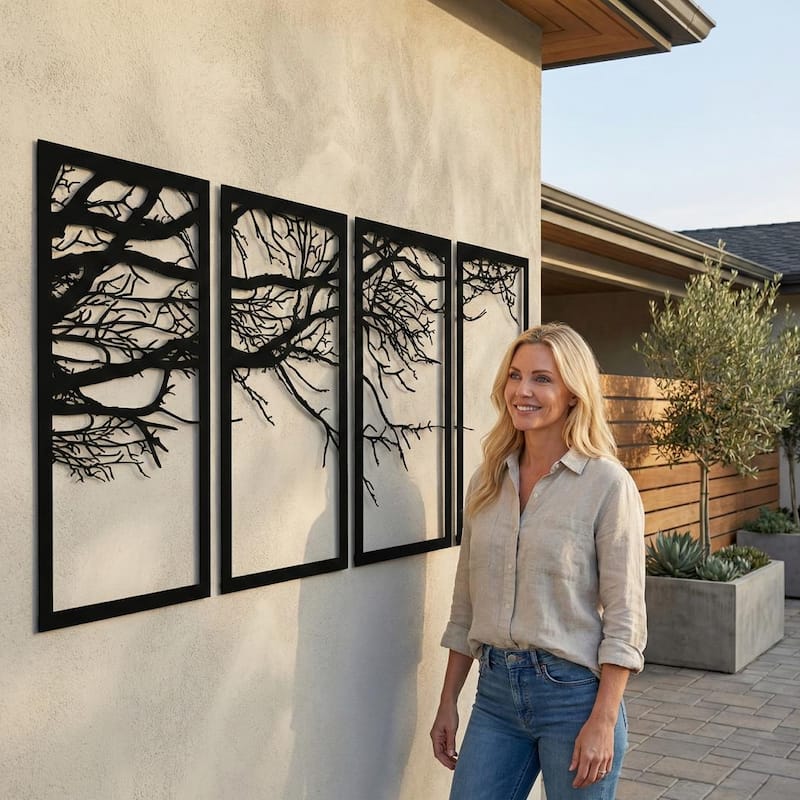 Tree of Life 4 Panels Metal Wall Decor for Home and Outside - Wall-Mounted Geometric Wall Art Decor