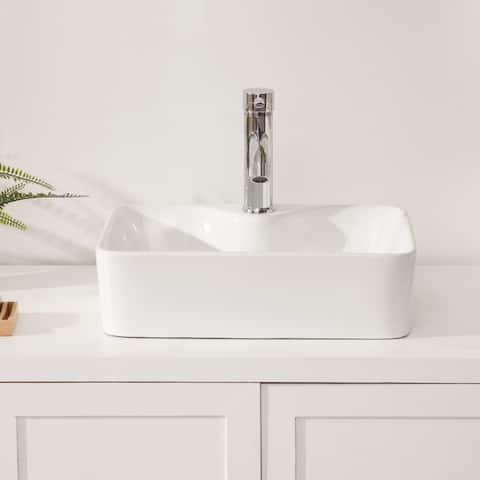 19"x15" Bathroom Vessel Sink Rectangle Above Counter White Porcelain Ceramic Modern Vanity Sink Art Basin with Faucet Hole
