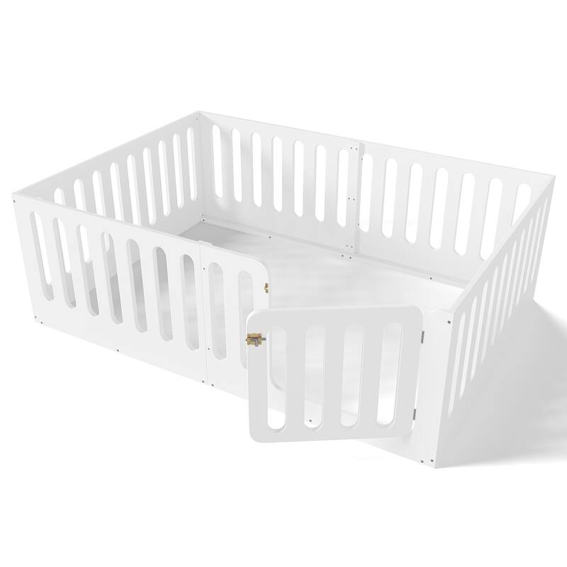 Full Size Floor Bed with High Fence for Kids, Solid Wood Kids Montessori Bed with Door, No Box Spring Needed Design