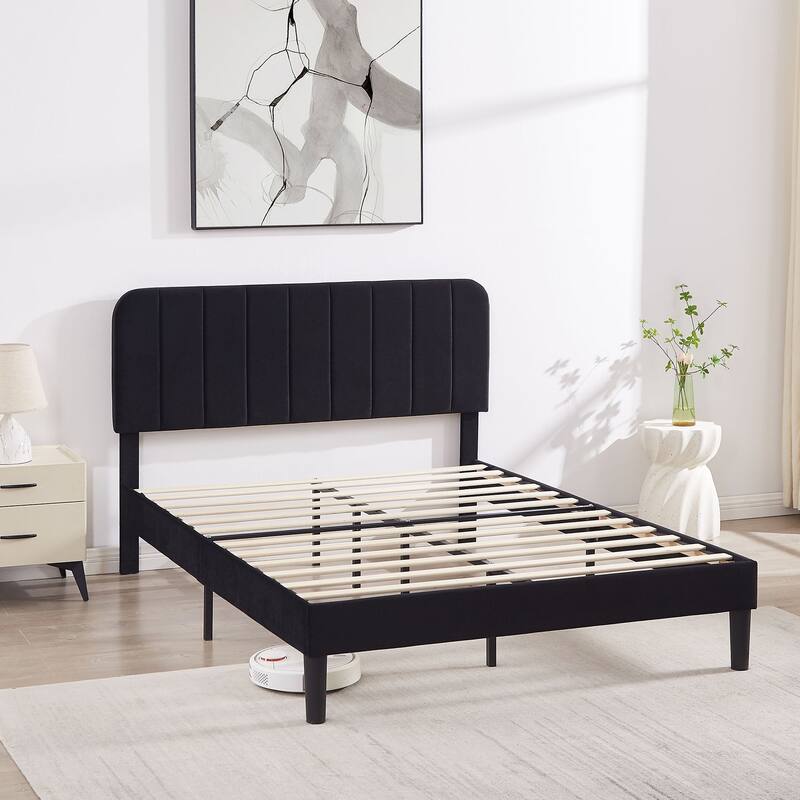 VECELO Velvet Upholstered Bed Frame with Vertical Channel Tufted Headboard, Adjustable Headboard, Wooden Slats Support
