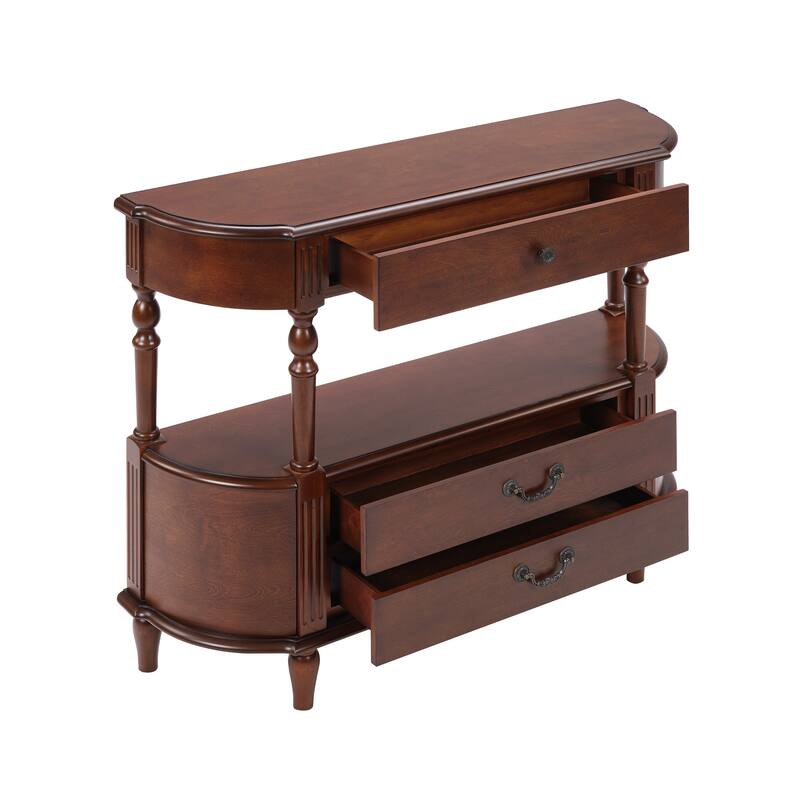 43"Retro Curved Wood Console Table with 3 Drawers and Storage Shelf