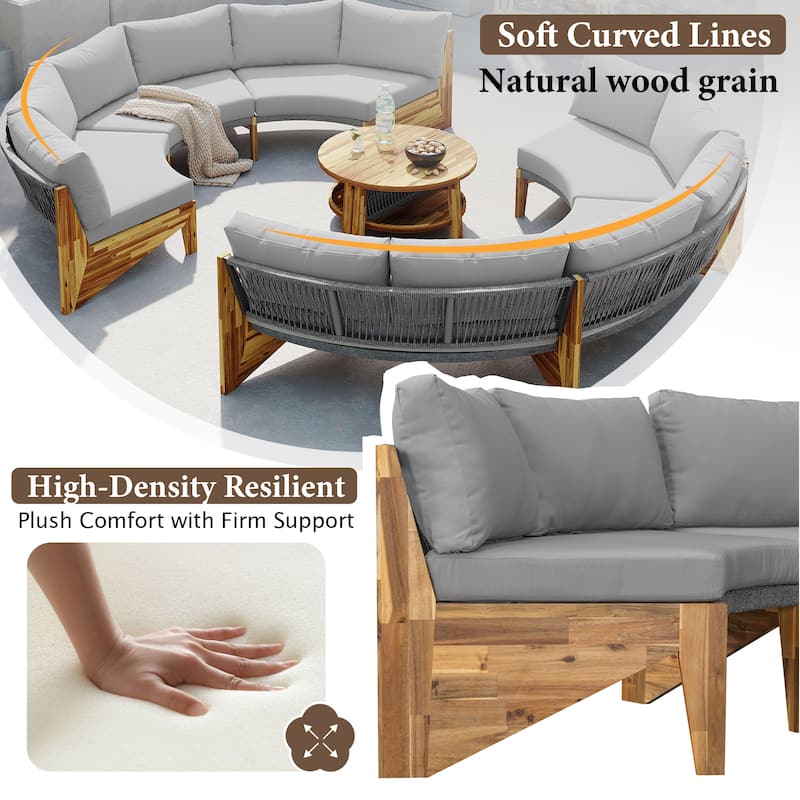 12-Seater Outdoor Acacia Wood Round Sectional Sofa Set with Coffee Table