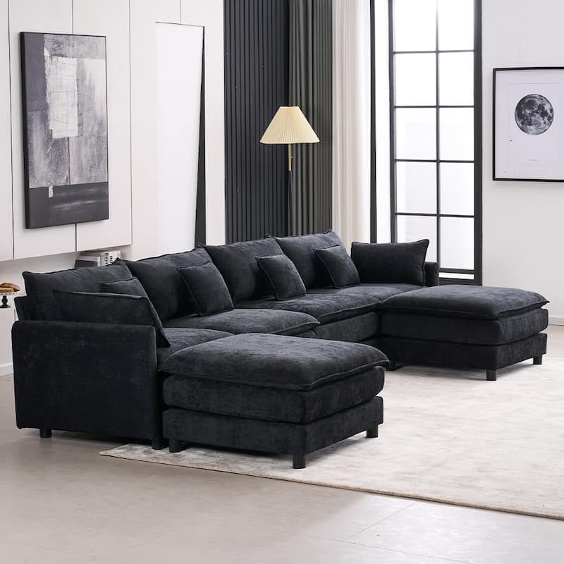 131.89" Chenille U-Shaped Sectional Sofa Bed with Sleeper & Iron Frame Support