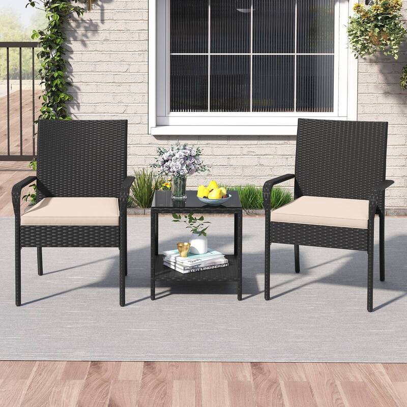 Gymax 3 Piece Patio Furniture Set Outdoor Wicker Chair & Table Set w/