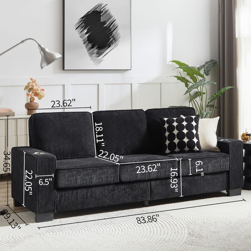84.25" Corduroy 3-Seater Sofa, Cup Holder Armrests and Spring Cushions
