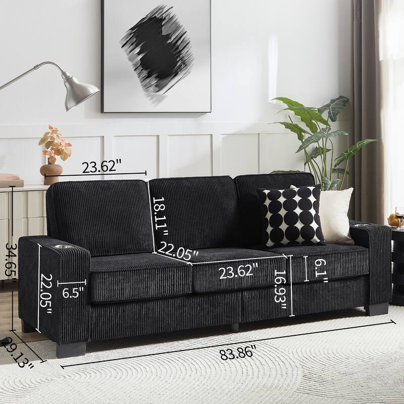 84.25" Corduroy 3-Seater Sofa with Cup Holder Armrests - High-Density Sponge and Spring Cushions