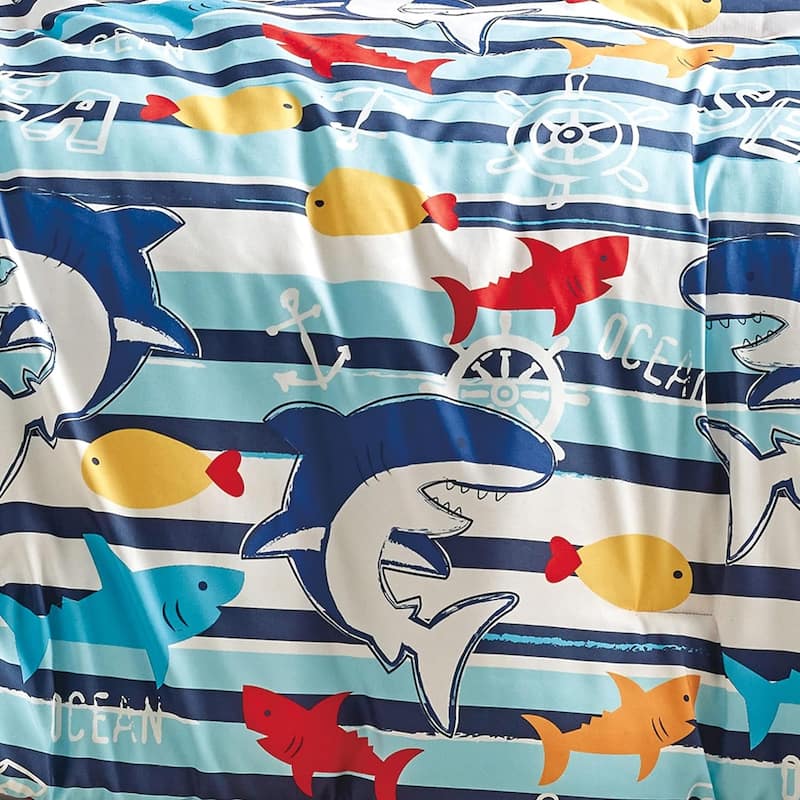 Blue Sharks Fish Sea Life Kids Comforter Set Embroidery Soft Bedding Set