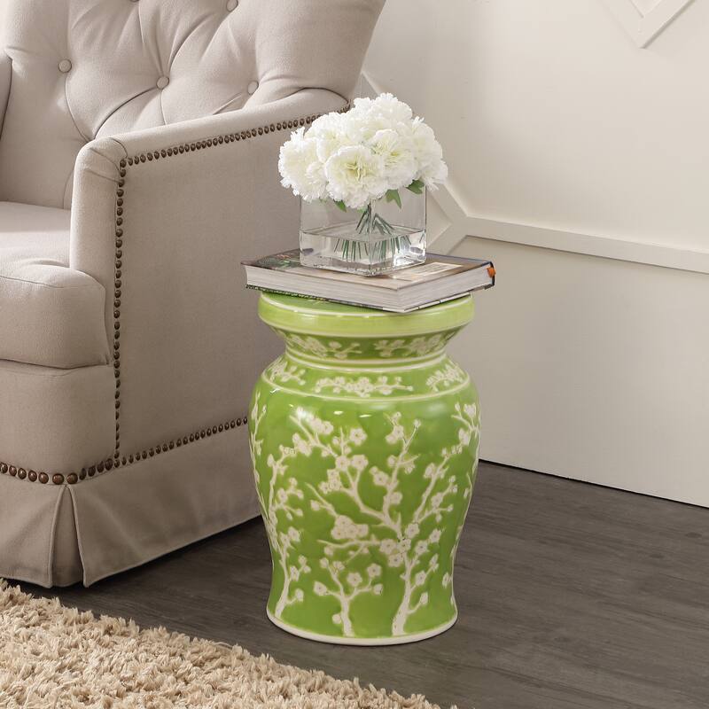 Cherry Blossom 17.7" Ceramic Garden Stool, Navy/White by JONATHAN Y