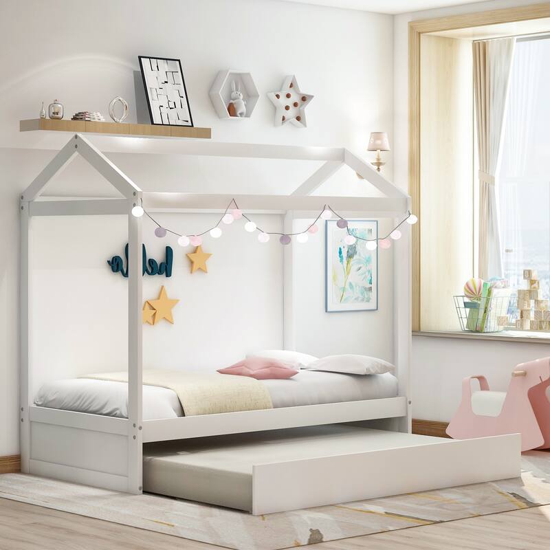 White House Bed with Trundle, Decorative Twin Bed for Kids