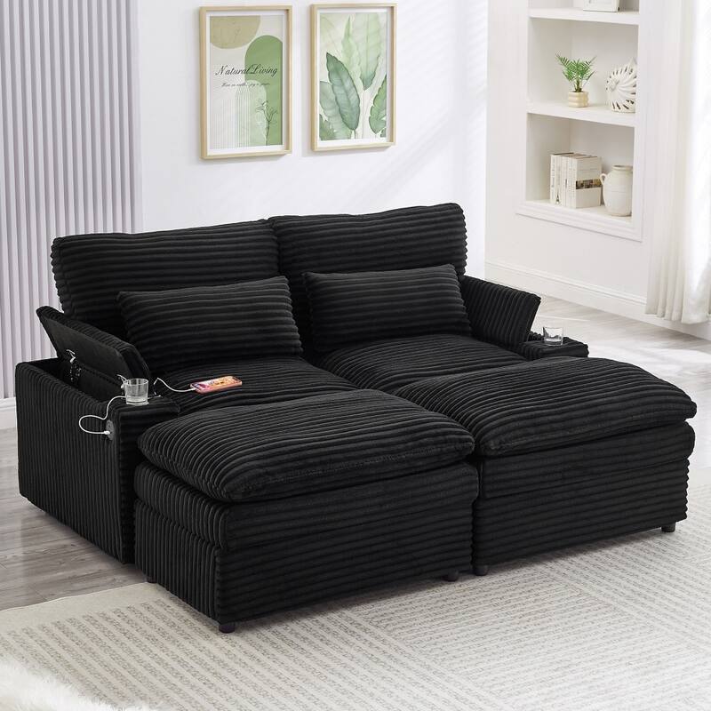 70.9" Loveseat Sectional Convertible Sofa with Ottomans and Storage Space, USB Ports