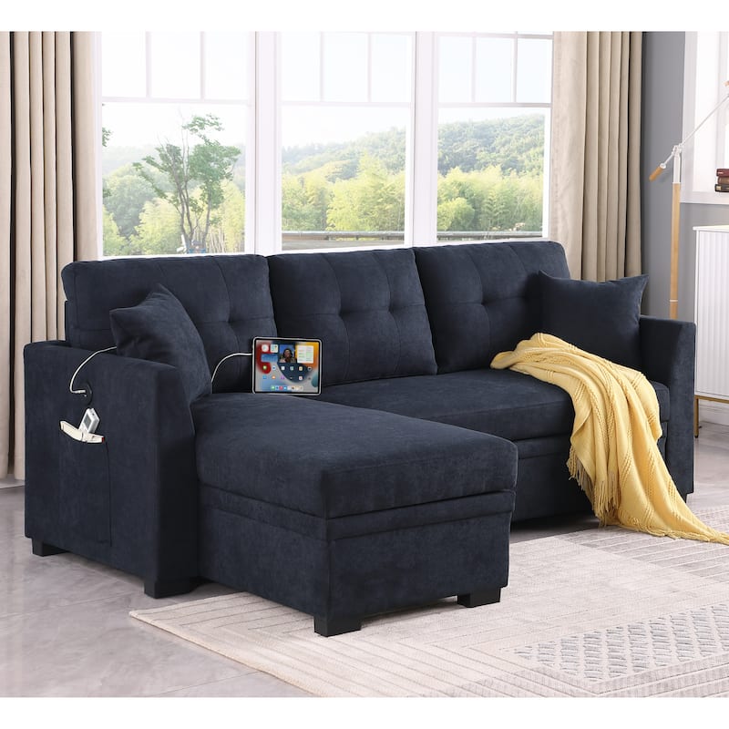 Black Velvet Sectional Sofa Bed with USB, Reversible, Pull Out, Storage Chaise, 82x53x34 inches, 187 lbs