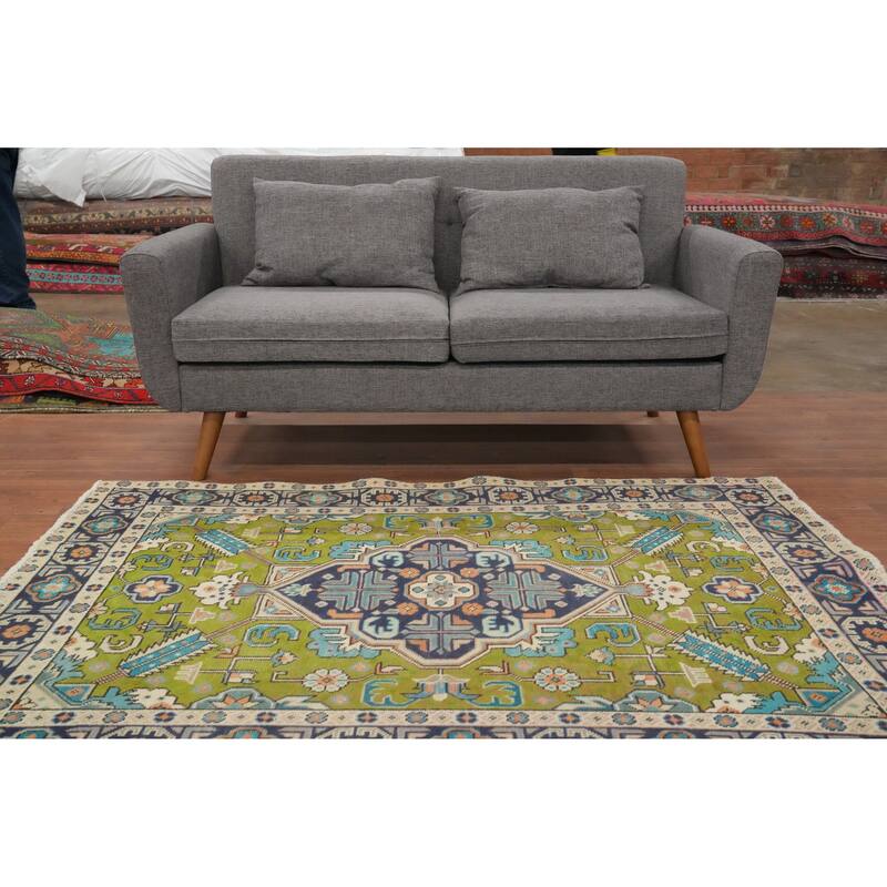 Hand Knotted Oriental 100% Wool Carpet Traditional Medallion Green Tabriz Area Rug - 5' 10'' X 4' 4''