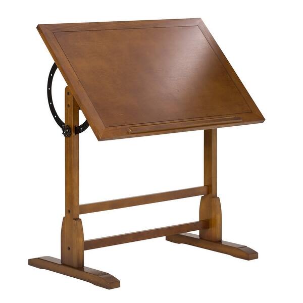 Small Adjustable Oak Drafting Table with Cast Iron Base