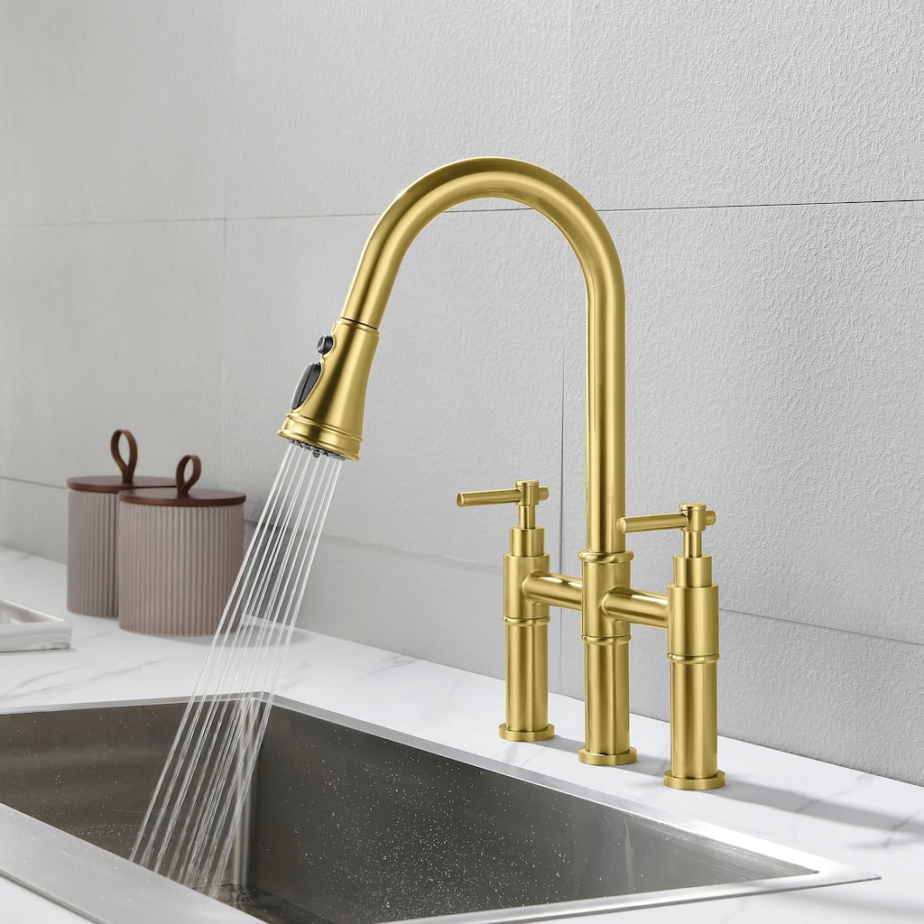 Modern 2-Handle Stainless Steel Pull-Down Kitchen Faucet with 3-Hole Installation, 3-Function Sprayer