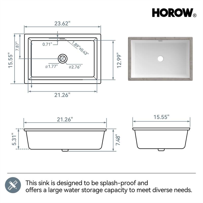 HOROW 23.63 in. White Ceramic Rectangular Undermount Sink with Overflow Drain