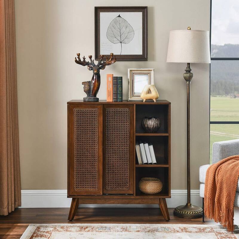 31" Mid Century Modern Rattan Storage Buffet/Sideboard - Dark Walnut