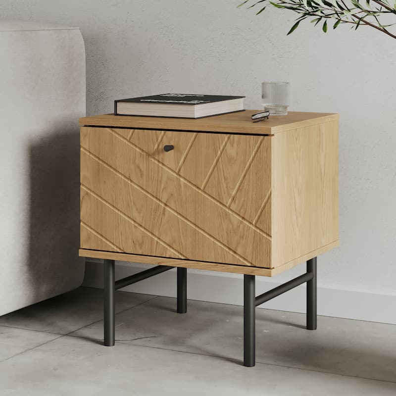 Studio London Amara Side Table - Oak Effect with Drawer and Steel Legs - Oak