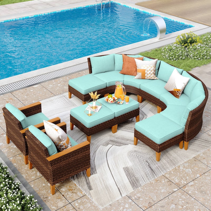 12-Seat Outdoor Wicker Half-Round Furniture Set, Half-Moon Sectional Sofa All Weather Curved Conversation Set - 11-Seat - Type O