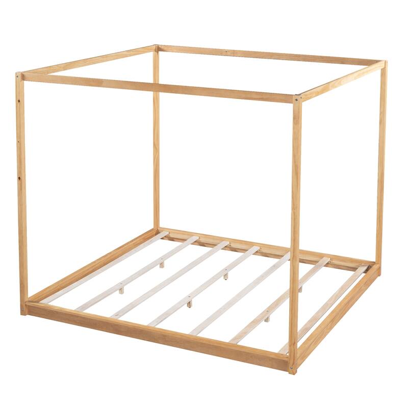 Wood Canopy Bed Floor Platform Bed Grounded Bed with Slats Support and Top Frame Easy Assembly No Box Spring Needed
