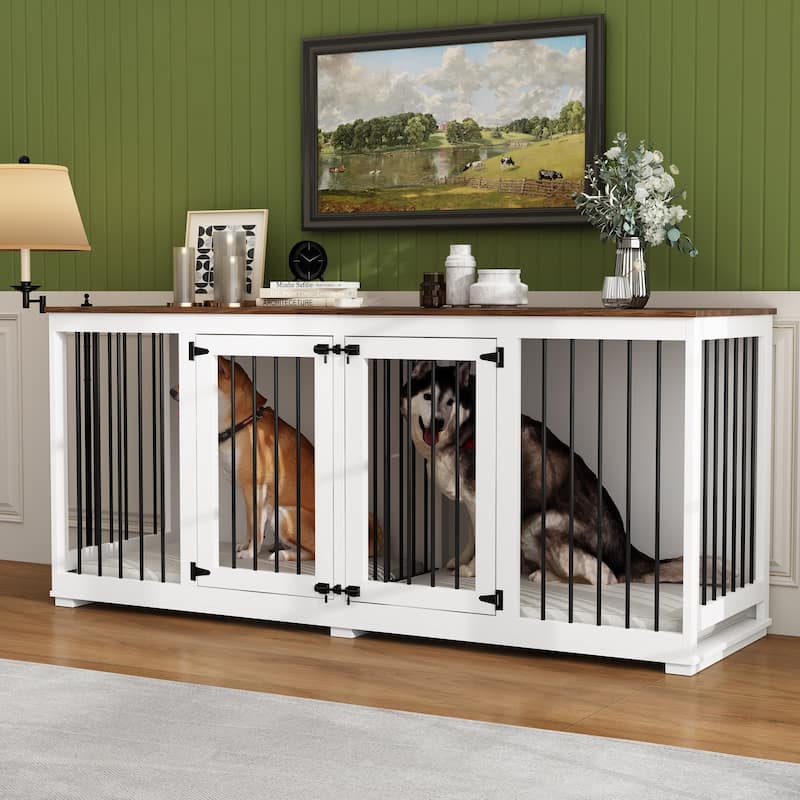 Large Dog Crate Furniture, 70.9"L Wooden Dog Crate Kennel with Divider