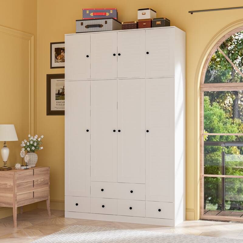 Modern 4-Door Wood Bedroom Armoire in White Closet Cabinet Wardrobe