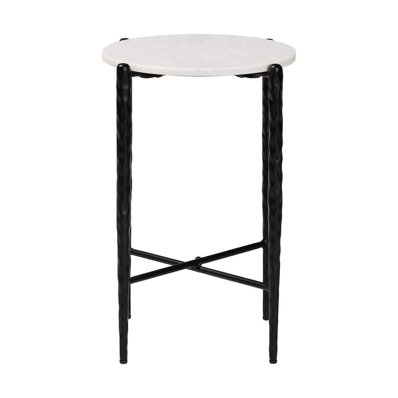Caledon Marble Side Table - Modern Rustic Accent Table with Hand-Forged Metal Frame for Living Room or Seating Areas, Round