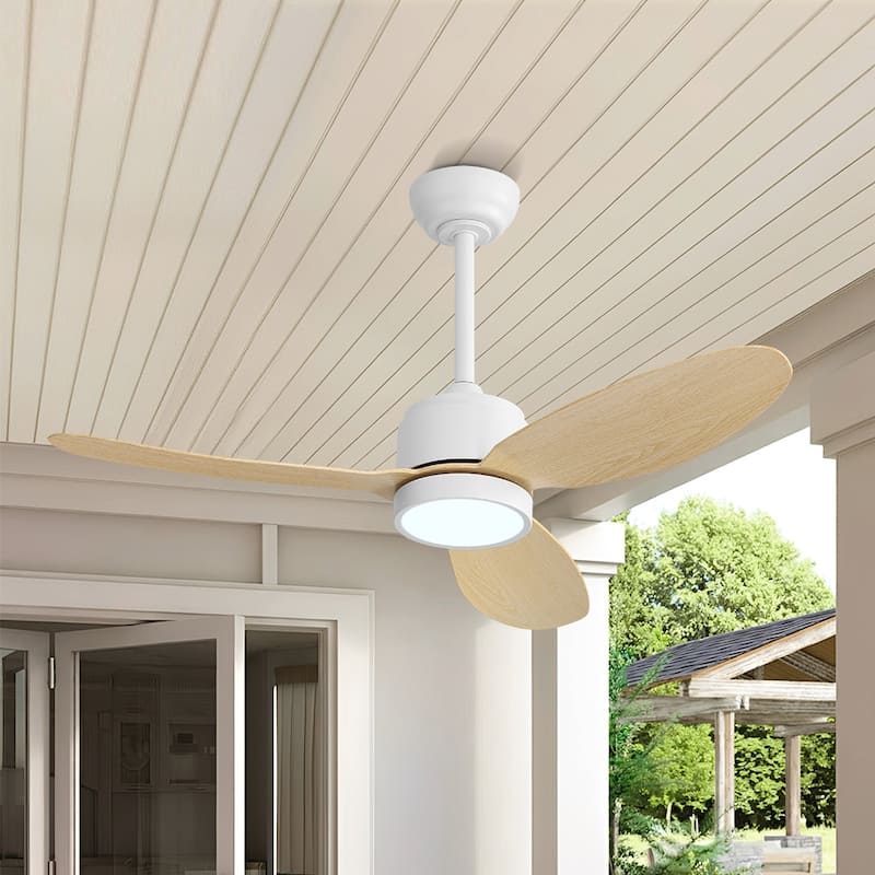 MLiAN 42 in 3 ABS Blades Indoor and Outdoor Ceiling Fan with Integrated LED and Remote Downrod - 42 - Natural Wood Grain/White