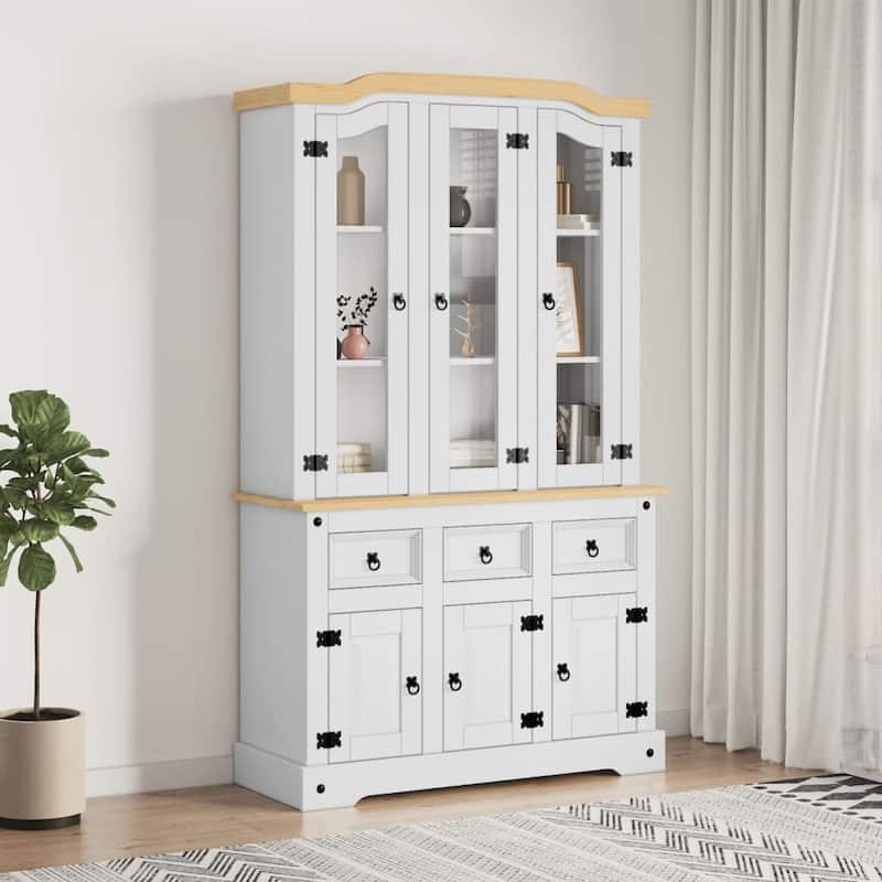 vidaXL Highboard, 44.1x17x77.2 Inches, White and Natural Finish Top - 44.1" x 16.9" x 77.2"
