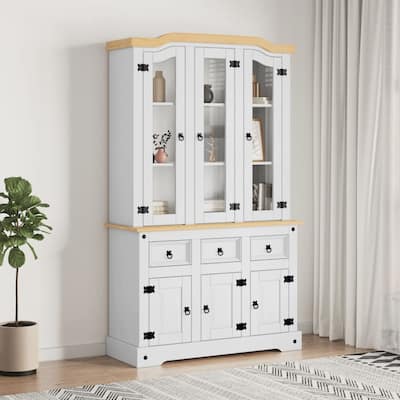 vidaXL Highboard, 44.1x17x77.2 Inches, White and Natural Finish Top - 44.1" x 16.9" x 77.2"