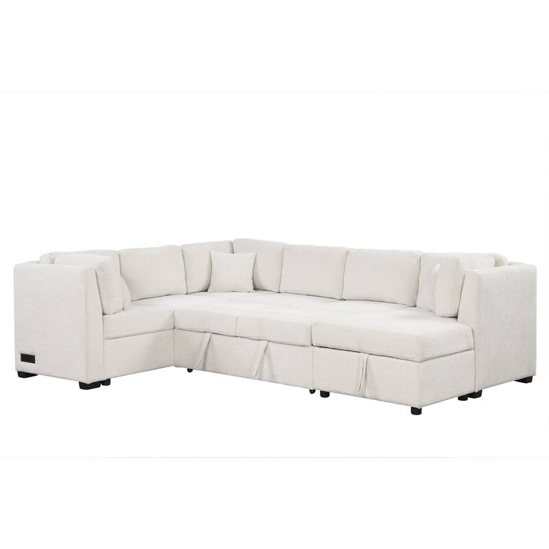 108.6" U-shaped Sofa Bed with USB, Power, Storage, Beige Chenille